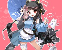  1girl :d animal_ear_headphones animal_ears apron asymmetrical_clothes bandage_on_thigh bandaid bandaid_on_leg bandaid_on_thigh baseball_cap black_bow black_hair black_hat blue_jacket blue_sleeves blue_umbrella blush bow breasts cat_ear_headphones cat_ears chupa_chups commentary_request cowboy_shot detached_sleeves extra_arms fake_animal_ears foot_up_heel_up frilled_apron frills grey_jacket hair_bow hands_up haori hat headphones highres holding holding_stylus holding_umbrella jacket japanese_clothes lanyard leg_warmers long_hair long_sleeves looking_at_viewer low-tied_sidelocks marlowe mechanical_arms medium_breasts multicolored_hair nijisanji no_nose oil-paper_umbrella open_mouth outline pink_background pink_hair red_eyes sheet_ghost sidelocks simple_background single_detached_sleeve sleeveless sleeveless_jacket smile solo split-color_hair standing standing_on_one_leg streaked_hair stylus track_jacket translation_request two_side_up umbrella virtual_youtuber waist_apron white_bow white_hair white_leg_warmers white_outline yorumi_rena zipper_pull_tab 