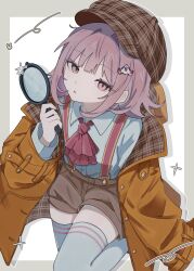  1girl alternate_costume ascot border brown_hat brown_jacket brown_shorts commentary_request danganronpa_(series) danganronpa_2:_goodbye_despair detective expressionless grey_border hair_intakes hair_ornament hat highres holding holding_magnifying_glass jacket kan_1016pg lapels looking_at_viewer magnifying_glass nanami_chiaki newsboy_cap open_clothes open_jacket parted_lips pink_eyes pink_hair plaid_hat red_ascot shirt short_hair shorts sidelocks simple_background solo suspender_shorts suspenders thigh-highs white_background white_shirt white_thighhighs zettai_ryouiki 