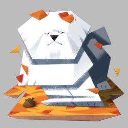  acorn animal animal_focus autumn autumn_leaves closed_eyes commentary_request dog falling_leaves faux_3d grey_background highres karasusho leaf leaf_pile low_poly no_humans old_english_sheepdog original simple_background white_dog 