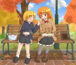  1boy 1girl autumn_leaves azusa_(cookie) bag bangs baozi bench black_footwear black_jacket black_skirt blonde_hair blue_sky blush boots bow bowtie braid breasts brown_coat brown_footwear buttons closed_eyes clouds coat commentary_request cookie_(touhou) day feeding food frilled_skirt frills full_body genderswap genderswap_(ftm) hat hat_bow jacket kirisame_marisa knb_(nicoseiga53198051) loafers long_hair long_sleeves open_mouth orange_eyes orange_hair otoko_no_ko outdoors pink_bow red_bow red_bowtie rei_(cookie) shoes short_hair single_braid sitting skirt sky small_breasts smile socks touhou tree white_bow white_socks 