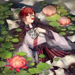  1boy afloat ahoge black_shirt book brown_cape bungou_to_alchemist cape cherry clouds collared_cape collared_shirt dazai_osamu_(bungou_to_alchemist) dress_shirt feet_out_of_frame flower food fruit genkou_youshi hair_between_eyes hakama holding holding_book houhou_(black_lack) japanese_clothes kimono lily_pad looking_at_viewer male_focus mouth_hold open_book paper pink_flower purple_kimono red_hakama redhead reflection reflective_water ripples shirt short_hair solo striped vertical_stripes water water_lily_flower yellow_eyes 