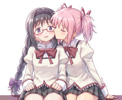  2girls akemi_homura black_hair black_ribbon black_skirt blush bow bowtie braid brown_shirt closed_eyes couple glasses hair_bow hair_ribbon hands_on_lap juliet_sleeves kaname_madoka kiss kissing_cheek long_hair long_sleeves mahou_shoujo_madoka_magica mahou_shoujo_madoka_magica_(anime) medium_hair miniskirt multiple_girls pink_hair plaid_clothes plaid_skirt pleated_skirt puffy_sleeves purigetsu purple_bow red-framed_eyewear red_bow red_bowtie ribbon semi-rimless_eyewear shirt simple_background sitting skirt twintails twitter_username under-rim_eyewear very_long_hair violet_eyes white_background yuri 