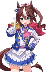  1girl animal_ears ascot asymmetrical_gloves blue_eyes blue_gloves blush brown_hair buttons cape double-breasted ear_ribbon epaulettes gloves gnu36 hair_between_eyes highres horse_ears horse_girl horse_tail index_finger_raised jacket long_hair long_sleeves looking_at_viewer mismatched_gloves multicolored_hair multicolored_jacket open_mouth pink_ascot ponytail red_cape simple_background single_epaulette single_hair_streak skirt smile solo streaked_hair tail teeth tokai_teio_(peak_joy)_(umamusume) tokai_teio_(umamusume) two-tone_hair two-tone_jacket two-tone_skirt umamusume white_background white_gloves white_hair white_jacket white_skirt white_streaks 