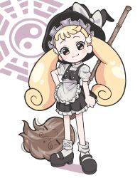  1girl absurdres alexander_t_oyajide apron black_hat black_shoes black_skirt black_vest blonde_hair blush_stickers bow broom brown_eyes castussan commentary cosplay english_commentary frilled_apron frilled_hat frilled_skirt frills full_body hair_ornament hat hat_bow highres holding holding_broom kirisame_marisa kirisame_marisa_(cosplay) long_hair looking_at_viewer makihatayama_hana mary_janes ojamajo_doremi shirt shoes short_bangs skirt smile socks solo standing touhou twintails vest waist_apron white_apron white_bow white_shirt white_socks wing_hair_ornament witch_hat yin_yang 