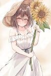  1girl absurdres alternate_costume brown_eyes brown_hair commentary_request cowboy_shot dairyo3 dress flower frilled_dress frills hat highres holding kantai_collection sendai_(kancolle) short_hair smile solo standing sun_hat sunflower white_dress 