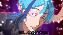  1boy blue_hair commentary_request constricted_pupils floyd_leech green_eyes highres looking_at_viewer male_focus night_raven_college_school_uniform oikora_hk35gil2 purple_background reference_request scene_reference school_uniform sharp_teeth short_hair solo sparkle teeth translation_request twisted_wonderland upper_body yellow_eyes 