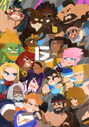  6+boys 6+girls :d aqua_eyes beard beard_stubble black_eyes black_hair black_sclera blank_eyes blanka blonde_hair blue_eyes bracelet brown_hair cammy_white chain chain_necklace chinese_clothes chun-li closed_mouth colored_sclera commentary cutout_eyelashes dark-skinned_female dark-skinned_male dark_skin dee_jay deformed dhalsim double_bun dougi e._honda everyone facial_hair fingerless_gloves flattop frown gloves grey_hair grey_streaks grid_teeth grin guile hair_bun hair_horns han_juri headband heterochromia highres jamie_siu jewelry jp_(street_fighter) ken_masters kimberly_jackson lily_hawk long_hair luke_sullivan manon_legrand marisa_(street_fighter) mohawk multicolored_hair multiple_boys multiple_girls muscular mustache necklace no_lineart no_scar ojou-sama_pose orange-framed_eyewear orange_hair pink_eyes pink_hair profile red_hair ryu_(street_fighter) sharp_teeth short_hair short_hair_with_long_locks smile streaked_hair street_fighter street_fighter_6 stubble sunglasses teeth upper_teeth_only v-shaped_eyebrows very_dark_skin violet_eyes white_mouth zangief zettonamo888 