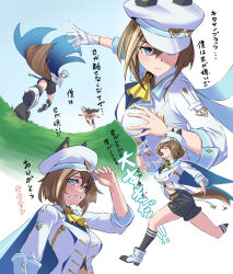  2girls animal_ears ascot black_shorts black_socks blue_cape blue_eyes breasts brown_hair cape cheval_grand_(grand_itineraire)_(umamusume) cheval_grand_(umamusume) closed_eyes closed_mouth ear_covers ears_through_headwear gloves hair_between_eyes hat hat_belt highres horse_ears horse_girl horse_tail jacket kitasan_black_(gilded_shrine_to_glory)_(umamusume) kitasan_black_(umamusume) medium_breasts midriff_peek multicolored_hair multiple_girls navel open_mouth peaked_cap running shoes shorts single_glove slothdev_(yat1215) socks streaked_hair sweat tail umamusume white_hair white_hat white_jacket white_shoes yellow_ascot 