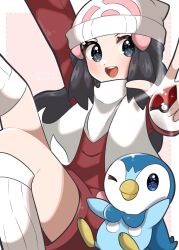  1girl beanie black_hair blue_eyes blush boots coat commentary_request hair_ornament hairclip hat highres hikari_(pokemon) holding holding_poke_ball kurumiya_(krmy_p) long_hair looking_at_viewer open_mouth piplup poke_ball poke_ball_(basic) pokemon pokemon_(creature) pokemon_diamond/pearl/platinum pokemon_platinum red_coat scarf smile socks teeth upper_teeth_only white_hat white_scarf white_socks winter_clothes winter_coat 