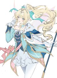  1girl aqua_bow aqua_eyes aqua_gem blonde_hair blue_dress blue_sleeves blush bow bright_pupils chest_bow collarbone commentary cowboy_shot detached_sleeves dress drill_hair drill_ponytail drill_sidelocks elbow_gloves english_commentary fairy fairy_wings floating_hair gem genshin_impact gloves hair_bow hair_ribbon half-closed_eyes hands_up high_ponytail highres holding holding_staff juliet_sleeves long_hair long_sleeves looking_at_viewer pantyhose pink_bow pink_sash pointy_ears pom_pom_(clothes) ponytail puffy_sleeves ribbon sash sidelocks simple_background single_bare_shoulder single_detached_sleeve smile solo staff standing strapless strapless_dress striped_bow striped_sash tiara tongue tongue_out very_long_hair vesna_(genshin_impact) white_background white_bow white_gloves white_pantyhose white_pupils white_ribbon wide_sleeves wings 