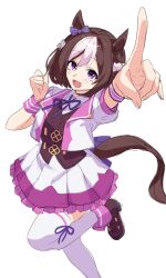  1girl animal_ears arm_up bow braid brown_hair collared_shirt ear_bow ear_ribbon gnu36 half_up_braid highres horse_ears horse_girl horse_tail index_finger_raised jacket looking_at_viewer multicolored_hair open_mouth purple_bow purple_ribbon purple_vest ribbon shirt short_hair short_sleeves simple_background skirt smile special_week_(special_dreamer)_(umamusume) special_week_(umamusume) standing standing_on_one_leg tail thigh-highs two-tone_hair umamusume vest violet_eyes white_background white_hair white_shirt white_skirt white_thighhighs 