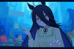  1girl absurdres ahoge animal_ears black_hair black_ribbon blush clarinet closed_mouth earrings fish food frilled_shirt frills fruit hair_between_eyes highres holding_hands horse_ears horse_girl instrument jewelry letterboxed long_bangs long_hair long_hair_between_eyes long_sleeves manhattan_cafe_(casual)_(umamusume) manhattan_cafe_(umamusume) multicolored_hair myticalcat neck_ribbon pineapple playing_instrument pointing ribbon sea_sponge shirt single_earring smile spongebob_squarepants spongebob_squarepants_(series) squid squidward_tentacles umamusume white_hair yellow_eyes yellow_shirt 