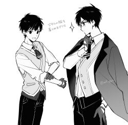  1boy ascot brooch clenched_hand closed_mouth clothing_cutout collared_shirt commentary cosplay fate/prototype fate/prototype:_fragments_of_blue_and_silver fate_(series) glasses glove_cutout gloves greyscale hand_on_own_hip hand_up hands_up henry_jekyll_(fate) highres jacket jacket_on_shoulders jekyll_and_hyde_(fate) jekyll_and_hyde_(fate)_(cosplay) jewelry kitano_tatsumi long_sleeves looking_ahead looking_down male_focus monochrome multiple_views open_mouth pants rolling_sleeves_up shirt short_hair simple_background sleeves_rolled_up smile sparkle translated twitter_username vest white_background wolf_ggwin 