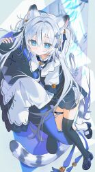  1girl absurdres animal_ear_bell animal_ear_fluff animal_ears asymmetrical_legwear black_shoes black_thighhighs blue_eyes breasts commentary_request full_body hair_ornament highres hugging_doll hugging_object knot_hair_ornament light_blush long_hair looking_at_viewer original parted_lips shoes single_sock single_thighhigh small_breasts socks solo standing stuffed_animal stuffed_shark stuffed_toy tail thigh-highs thigh_strap tiger tiger_ears tiger_girl tiger_tail twintails uneven_legwear very_long_hair white_hair white_socks white_tiger youmeng33 