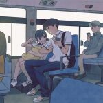  1girl 2boys absurdres angry backpack bag bus bus_interior cellphone clenched_hand closed_eyes collared_shirt ddini grin ground_vehicle hat highres looking_at_another motor_vehicle multiple_boys original phone shirt shoes sitting smile sneakers split_ponytail 