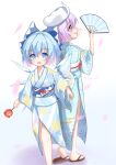  2girls absurdres alternate_costume blue_eyes blue_hair blue_kimono candy_apple cirno folding_fan food full_body hand_fan highres holding holding_fan holding_food japanese_clothes kimono lbcirno9 letty_whiterock looking_at_viewer multiple_girls open_mouth purple_hair sandals sash short_hair simple_background standing touhou violet_eyes white_background white_headwear 