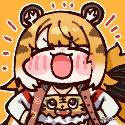  animal_ear_fluff animal_ears blonde_hair blush chibi closed_eyes commentary_request facing_away ju_fufu korean_commentary long_hair multicolored_hair official_alternate_costume open_mouth simple_background siu_(esiu3891) solo tail tiger_ears tiger_girl tiger_tail upper_body v-shaped_eyebrows yellow_background zenless_zone_zero 