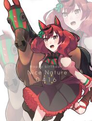  1girl animal_ears black_dress blush boots bow bowtie brown_boots brown_eyes brown_hair creature_and_personification diagonal-striped_bow dress ear_bow ear_covers ear_ribbon green_bow green_bowtie highres horse horse_ears horse_girl horse_tail juliet_sleeves long_sleeves medium_hair multicolored_hair nice_nature_(poinsettia_ribbon)_(umamusume) nice_nature_(racehorse) nice_nature_(umamusume) o-ring o-ring_thigh_strap okapun open_mouth personification pinafore_dress puffy_sleeves real_life shirt sleeveless sleeveless_dress streaked_hair striped_bow striped_bowtie striped_clothes tail thigh_strap twintails umamusume zoom_layer 