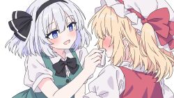  2girls black_bow black_bowtie black_hairband blonde_hair blue_eyes blush bow bowtie bright_pupils collared_shirt commentary_request flandre_scarlet green_vest grey_hair hairband handkerchief hat hat_ribbon highres holding holding_handkerchief konpaku_youmu looking_at_another mob_cap multiple_girls one_side_up open_mouth puffy_short_sleeves puffy_sleeves red_vest ribbon shirt short_sleeves simple_background smile touhou vest white_background white_hat white_pupils white_shirt wiping_mouth yunaivt 