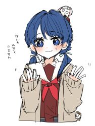  1girl blue_eyes blue_hair brown_cardigan brown_dress cardigan character_doll commentary_request doll doll_on_head dress hasu_no_sora_school_uniform highres kachimachi_kosuzu kanduki_kamibukuro long_hair long_sleeves love_live! love_live!_hasu_no_sora_jogakuin_school_idol_club low_twintails murano_sayaka neckerchief nervous_smile nervous_sweating open_cardigan open_clothes red_neckerchief sailor_collar sailor_dress school_uniform simple_background sleeves_past_wrists smile solo sweat sweatdrop translation_request twintails virtual_youtuber white_background white_sailor_collar winter_uniform yugiri_tsuzuri 