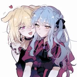  2girls animal_ears ascot bang_dream! bang_dream!_it's_mygo!!!!! black_ascot black_dress black_ribbon blonde_hair blue_hair closed_mouth clothing_cutout collared_shirt commentary dog_ears doloris_(bang_dream!) dress hair_ribbon heart highres hug hug_from_behind kemonomimi_mode long_hair medium_hair misumi_uika multiple_girls oblivionis_(bang_dream!) open_mouth phillanelle red_shirt ribbon shirt shoulder_cutout smile togawa_sakiko two_side_up violet_eyes white_background wings yellow_eyes yuri 