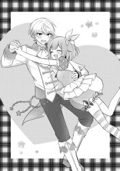  1boy 1girl :d ^_^ absurdres asymmetrical_legwear blush boots border breasts closed_eyes detached_sleeves dress fold-over_boots greyscale hair_between_eyes hetero highres holding_hands interlocked_fingers jacket knee_boots medium_breasts mismatched_legwear monochrome ootori_emu pants plaid_border pnyo_emc polka_dot_sleeves project_sekai puffy_short_sleeves puffy_sleeves short_sleeves smile striped_clothes striped_thighhighs tenma_tsukasa thigh-highs v-shaped_eyebrows white_background 