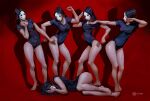  5girls absurdres black_hair black_leotard breasts dated fetal_position hands_on_own_face highres incredibly_absurdres leotard lying mask medium_breasts multiple_girls on_side original pose red_background shadow signature tb_choi12 thighs 