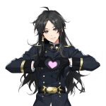  1girl absurdres ahoge belt black_gloves black_hair black_jacket character_request copyright_request gloves hair_tubes heart heart_hands highres huge_0330 jacket lips long_hair long_sleeves looking_at_viewer open_mouth sidelocks simple_background smile solo white_background 