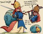  1girl :d armor bangs belt black_eyes breasts brown_hair chainmail english_text helmet highres holding holding_sword holding_weapon looking_at_viewer murgoten original over_shoulder smile snail_girl snail_shell sword weapon weapon_over_shoulder 