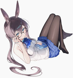  1girl absurdres amiya_(arknights) animal_ears arknights ascot bespectacled blue_ascot blue_eyes blue_skirt book breasts brown_hair brown_pantyhose closed_mouth commentary glasses highres holding holding_book jewelry long_hair looking_at_viewer lying medium_breasts multiple_rings ohagi_umeume on_back pantyhose plaid_clothes plaid_skirt ponytail rabbit_ears rabbit_girl ring ring_on_every_finger shirt simple_background skirt sleeveless sleeveless_shirt smile solo white_background white_shirt 