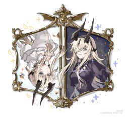 2girls absurdres arknights black_dress black_horns blonde_hair commission dress earrings glint green_eyes grin hair_over_one_eye highres horns jewelry long_hair long_sidelocks looking_at_viewer multiple_girls necrass_(arknights) one_eye_covered parted_lips ppxdq reed_(arknights) sidelocks smile sparkle upside-down watermark white_dress 