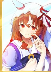  1girl absurdres animal_ears blush bow bowtie breasts brown_hair closed_mouth ear_covers hair_between_eyes hair_ornament highres horse_ears horse_girl long_hair looking_at_mirror looking_at_self mirror multicolored_hair puffy_short_sleeves puffy_sleeves purple_bow purple_bowtie purple_shirt red_eyes reflection reflection_focus ribbon sailor_collar sailor_shirt school_uniform shirt short_sleeves small_breasts smile solo still_in_love_(umamusume) streaked_hair tracen_school_uniform umamusume upper_body veil white_sailor_collar white_streaks white_veil yrouumkinnoaw 