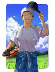  1boy baseball_cap black_hat black_streaks blue_sky border clothes_around_waist clouds cucumber eggplant h_igsngng haikyuu!! hat highres jacket jacket_around_waist kita_shinsuke male_focus multicolored_hair outdoors outside_border shirt shirt_tucked_in sky solo straight-on streaked_hair sweat t-shirt tomato towel towel_around_neck white_border white_hair white_shirt yellow_eyes 