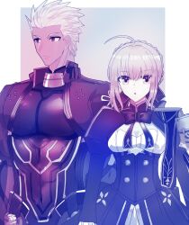  1boy 1girl 8ya87 ahoge archer_(fate) archer_(honkai:_star_rail)_(fate) armor artoria_pendragon_(fate) braid braided_base braided_bun breastplate bun_with_braided_base covered_abs dress fate/stay_night fate/unlimited_blade_works fate_(series) hair_bun hair_slicked_back highres jacket open_clothes open_jacket saber_(fate) saber_(honkai:_star_rail)_(fate) spiky_hair 