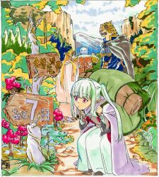  1boy 3girls :o armor artist_request backpack bag blonde_hair blunt_bangs border breastplate brown_shoes bush canyon cloak commentary_request copyright_logo dark_elf dress elf eve_speed flower forest grey_cloak hands_up hazurewaku_no_joutai_ijou_skill_de_saikyou_ni_natta_ore_ga_subete_wo_juurin_suru_made high_collar highres hiking_backpack holding_strap hood hood_down hooded_cloak leopard_girl lisbeth_(hazurewaku_no_joutai) logo long_hair long_pointy_ears looking_at_another looking_at_sign mimori_touka mountainous_horizon multiple_girls nature official_art outdoors path pink_eyes pink_flower pointy_ears promotional_art seras_ashrain shoes sidelocks sign translation_request tree twintails white_border 