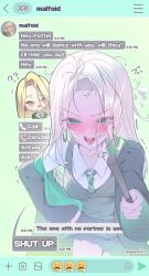  1girl absurdres black_robe blonde_hair blush character_name collared_shirt commentary diagonal-striped_clothes diagonal-striped_necktie earrings english_commentary fake_screenshot genderswap genderswap_(mtf) green_eyes green_necktie green_robe harry_potter_(series) highres hogwarts_school_uniform holding holding_wand hoop_earrings jewelry kenka_(user_hrjm2543) looking_at_viewer malfoid necktie open_mouth robe school_uniform shirt solo striped_clothes striped_necktie text_messaging two-sided_fabric two-sided_robe two-tone_robe wand white_shirt wizarding_world 