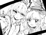  2girls :d bangs bow close-up collared_shirt dot_nose dutch_angle foreshortening fujiwara_no_mokou greyscale hair_bow hat hatching_(texture) itomugi-kun kamishirasawa_keine light_blush linear_hatching long_hair looking_at_viewer monochrome multiple_girls open_mouth outstretched_arm parted_lips selfie shirt short_sleeves side-by-side smile suspenders tokin_hat torn_clothes torn_sleeves touhou triangle_mouth upper_body wing_collar 