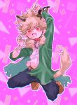  1boy absurdres animal_ears arm_up bakugou_katsuki bamu_mex bandaged_arm bandages belt black_pants blonde_hair boku_no_hero_academia brown_footwear chain chromatic_aberration collar commentary_request fang fingernails full_body fur-trimmed_jacket fur_trim green_jacket highres jacket long_sleeves looking_at_viewer male_focus open_mouth outline pants pink_background red_collar red_eyes sharp_fingernails shirt shoes short_hair skin_fang smile solo spiky_hair tail white_outline white_shirt wolf_boy wolf_ears wolf_tail 