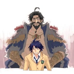  2boys ahoge bad_id bad_pixiv_id beard black_hair blue_hair chaos;head coat commentary_request crossover edward_teach_(fate) edward_teach_(third_ascension)_(fate) facial_hair fate/grand_order fate_(series) grin hands_on_own_hips jewelry loose_necktie male_focus md5_mismatch missing_commentary multiple_boys necklace necktie nervous_smile nishijou_takumi no_shirt open_clothes open_coat open_collar plaid_clothes plaid_necktie purple_necktie red_eyes school_emblem school_uniform science_adventure smile sparse_chest_hair suimei_academy_school_uniform sweatdrop trait_connection upper_body user_3051783 vambraces winter_uniform 