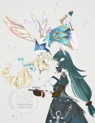  2girls anchor aqua_eyes aqua_gem aqua_hair artist_name black_dress black_gloves blonde_hair blue_cape blue_dress blue_hair boots bow breasts bright_pupils cape chain closed_mouth collared_dress colored_inner_hair cup danica_(genshin_impact) dress drill_hair drill_ponytail drill_sidelocks elbow_gloves eye_contact fairy fairy_wings floating_hair flying from_side full_body fur-trimmed_cape fur_trim gem genshin_impact gloves green_gem green_hair hands_up high_ponytail highres holding holding_tray juliet_sleeves large_breasts layered_dress long_dress long_hair long_sleeves looking_at_another low-tied_long_hair maid maid_headdress multicolored_hair multiple_girls open_mouth pantyhose petals pidepideko5965 pink_bow pink_sash pointy_ears pom_pom_(clothes) ponytail popped_collar puffy_sleeves sash short_dress sidelocks spiked_hair_ornament standing streaked_hair striped_bow striped_sash teacup tiara tray upside-down very_long_hair vesna_(genshin_impact) vision_(genshin_impact) watermark white_boots white_gloves white_pantyhose white_pupils wings yuri 