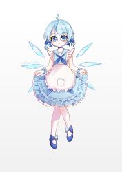  1girl absurdres alternate_costume apron bespectacled blue-framed_eyewear blue_bow blue_choker blue_dress blue_eyes blue_hair blue_neckerchief blue_shoes blue_wrist_cuffs blush bow chinese_commentary choker cirno commentary_request detached_wings dress footwear_bow full_body glasses gradient_background grey_background hair_bow highres ice ice_wings lbcirno9 looking_at_viewer neckerchief open_mouth pantyhose semi-rimless_eyewear shoes solo touhou under-rim_eyewear waist_apron white_apron white_pantyhose wings wrist_cuffs 