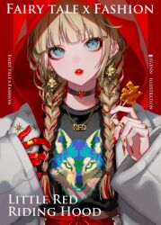  1girl artist_name black_choker blonde_hair braid candy choker coat commentary_request earrings fashion fingernails food gloves hood hood_up jewelry jigenn jpeg_artifacts little_red_riding_hood_(fairy_tale) little_red_riding_hood_(fairy_tale_character) lollipop long_fingernails long_hair looking_at_viewer multicolored_hair open_clothes open_coat open_mouth original red_gloves red_hair red_hood red_lips red_nails ring shaped_lollipop solo 