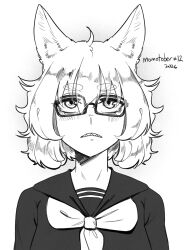  1girl ahoge alternate_costume animal_ear_fluff animal_ears bespectacled black_sailor_collar black_shirt commentary dated double-parted_bangs emergence_(shindol) english_commentary english_text frown glasses greyscale hair_between_eyes highres inubashiri_momiji monochrome neckerchief open_mouth ramnik5 rectangular_eyewear sailor_collar school_uniform serafuku sharp_teeth shirt short_hair simple_background solo teeth touhou unamused upper_body white_background white_hair white_neckerchief wolf_ears wolf_girl 