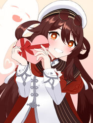  1girl :d blush box brown_eyes brown_hair changpao chinese_clothes double-parted_bangs eyewear_on_head flower-shaped_pupils genshin_impact ghost grin hair_between_eyes hands_up hat head_tilt heart-shaped_box highres hu_tao_(cherries_snow-laden)_(genshin_impact) hu_tao_(genshin_impact) layered_clothes long_hair long_sleeves looking_at_viewer red_ribbon red_robe ribbon robe round_eyewear sailor_hat smile solo straight_hair symbol-shaped_pupils very_long_hair yuki_imo_man 