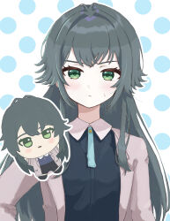  1girl black_shirt blush chibi chibigurumi coat commentary_request gakuen_idolmaster green_eyes green_hair grey_coat hair_flaps highres idolmaster long_hair looking_at_viewer motosho multiple_views outline polka_dot polka_dot_background shirt sweatdrop tsukimura_temari upper_body very_long_hair white_outline 