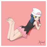  1girl arm_support bare_legs barefoot black_tank_top blue_hair closed_mouth crossed_ankles grey_eyes hikari_(pokemon) laying_down looking_at_viewer pink_background pink_skirt pokemon pokemon_(anime) pokemon_(game) pokemon_dppt pokemon_dppt_(anime) red_scarf smile soles solo toes wrist_scrunchie 