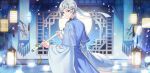  1boy afterl!fe androgynous blue_eyes closed_mouth clouds instrument instrument_request japanese_clothes kimono long_hair looking_at_viewer looking_back male_focus mole mole_under_eye night night_sky nine_(afterl!fe) official_art ponytail second-party_source sky smile solo white_hair 