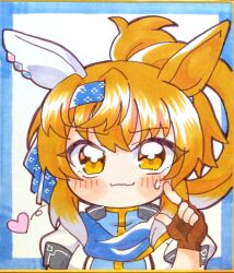 1girl animal_ears blonde_hair blue_shirt blush close-up coat commentary_request facing_viewer fingerless_gloves furioso_(triumphant_return_of_the_auspicious_star)_(umamusume) furioso_(umamusume) gloves hatsune_(pumpkin_pie) headband heart horse_ears horse_girl looking_at_viewer marker_(medium) ponytail shirt smile solo sweatdrop traditional_media umamusume white_coat yellow_eyes 