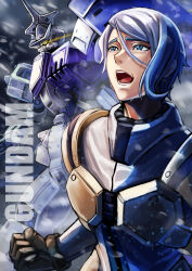  1boy armored_collar black_gloves blue_eyes bodysuit chest_guard clenched_hand commentary_request copyright_name crying crying_with_eyes_open double-parted_bangs eye_trail gaelio_bauduin gloves glowing glowing_eyes gundam gundam_tekketsu_no_orphans hair_between_eyes high_collar highres light_trail male_focus mecha mecha_pilot_suit mobile_suit null_oekaki open_mouth projected_inset purple_hair robot sad science_fiction short_hair single_mechanical_horn single_sidelock snowing soles streaming_tears tears upper_body vidar white_bodysuit wind yellow_eyes 