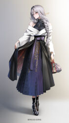  1girl absurdres alternate_costume armpit_crease artist_name bag banggugong bare_shoulders black_boots black_eyeshadow black_skirt black_undershirt boots braid braided_ponytail casual chima_(clothes) closed_mouth clothes_lift commentary english_commentary eyeshadow full_body goddess_of_victory:_nikke gradient_background grey_background grey_hair hair_between_eyes hair_ornament hair_stick hanbok handbag high_collar highres holding holding_bag jeogori_(clothes) jewelry korean_clothes lifting_own_clothes light_smile long_skirt long_sleeves looking_at_viewer low_ponytail makeup necklace orange_eyes parted_bangs pendant pink_lips pleated_skirt ponytail print_skirt purple_sash sash scarlet_(nikke) shirt sidelocks simple_background single_braid skirt skirt_lift sleeveless sleeveless_shirt solo turning_head two-tone_hanbok undershirt waist_sash white_jeogori wide_sleeves 